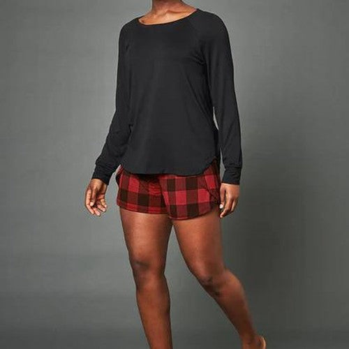 Relaxed Long Sleeve Top + Tulip Short Set Red Plaid