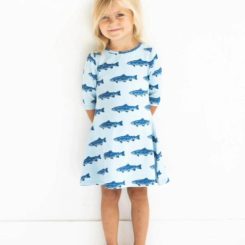 Girls' Blue Dress - Fish Print