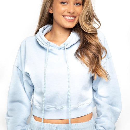 Blue Organic Terry Cropped Hoodie