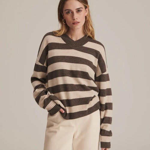 Cashmere Striped Boyfriend V-Neck Sweater